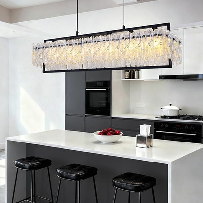 MantoLite Luxe Dining Room Light Fixture Farmhouse Crystal Chandeliers for Dining Room 32" Matte Black Rectangle Design 6-Light Banquet Pendant Light E12 3000K-6000K Compact for