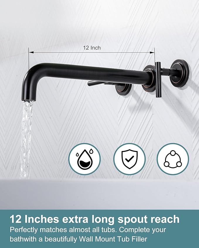 Wall Mount Tub Filler: WOWOW Oil Rubbed Bronze Bathtub Faucet Long Spout Reach, Bath Tub Filler Faucet 2 Handle Wall Mounted Bathtub Faucets with Brass Rough in Valve Included Wall Mounted Tub Faucet