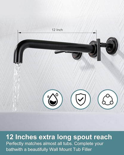 Wall Mount Tub Filler: WOWOW Oil Rubbed Bronze Bathtub Faucet Long Spout Reach, Bath Tub Filler Faucet 2 Handle Wall Mounted Bathtub Faucets with Brass Rough in Valve Included Wall Mounted Tub Faucet