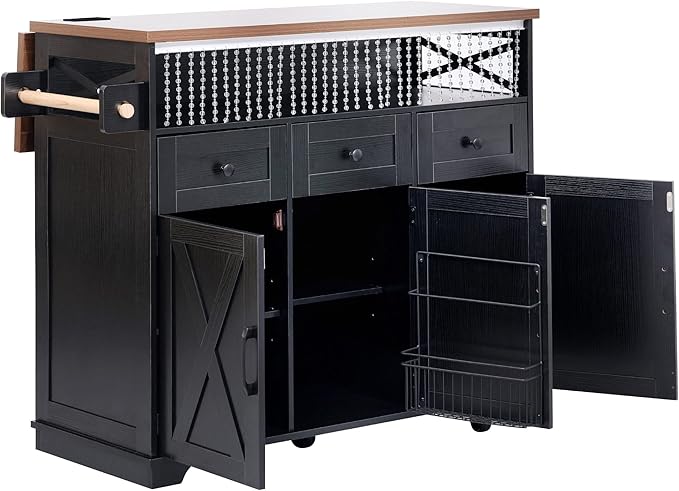 Ball & Cast 46.5" Kitchen Island with Drape of Beads&Power Outlet,Rolling Kitchen Cart on 5 Wheels W/ 3 Drawers,Kitchen Storage Cart W/Internal Iron Shelf&Towel Rack,for Kitchen,Dining Room,Black
