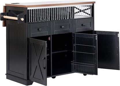 Ball & Cast 46.5" Kitchen Island with Drape of Beads&Power Outlet,Rolling Kitchen Cart on 5 Wheels W/ 3 Drawers,Kitchen Storage Cart W/Internal Iron Shelf&Towel Rack,for Kitchen,Dining Room,Black
