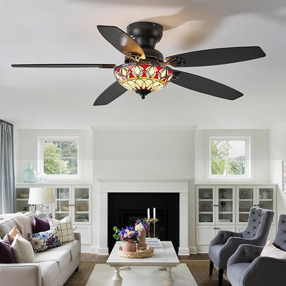 Tiffany Ceiling Fans with Lights - 52" Ceiling Fan Chandelier with 5 Dual-Blades and Glass Shade, 6 Speeds and Reversible, Indoor and Outdoor, Retro Style