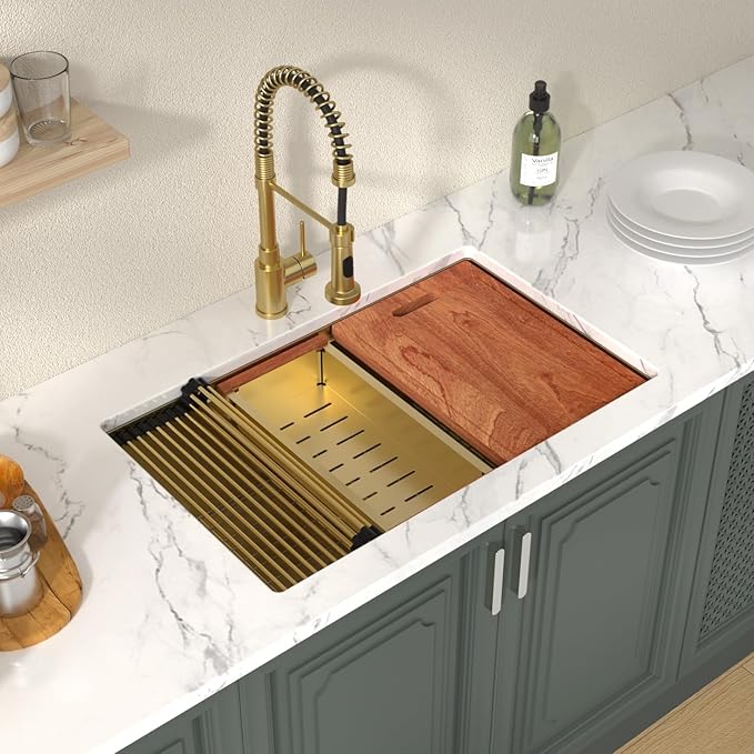Lordear 28 Undermount Kitchen Sink Gold Stainless Steel 16 Gauge Under Counter Workstation Sink Single Bowl 304 Stainless Steel One Basin Handmade Sinks