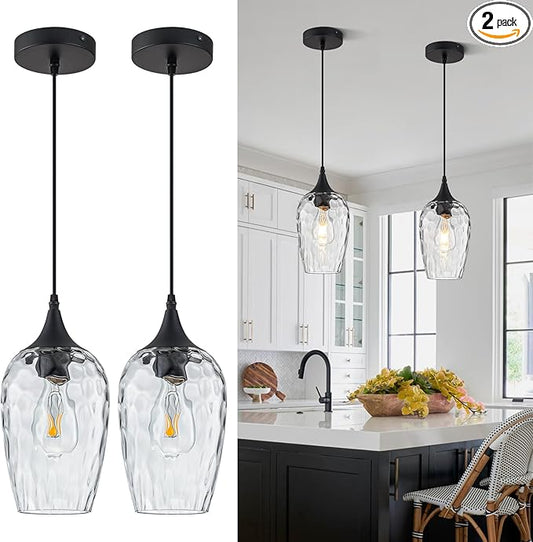 Glass Pendant Lights Kitchen Island 2 Pack, Black Pendant Light Fixtures with Hand-Blown Clear Glass Modem Farmhouse Hanging Light for Kitchen Sink Dining Room Bedroom