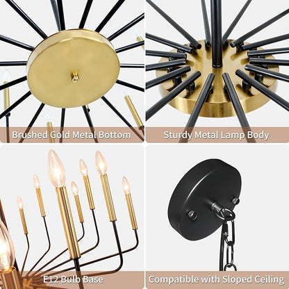 Black and Gold Chandelier, 16-Light Farmhouse Chandelier for Dining Room Lighting Fixtures Hanging, Industrial Modern Chandeliers for Dining Room Living Room Foyer Entry Staircase Kitchen