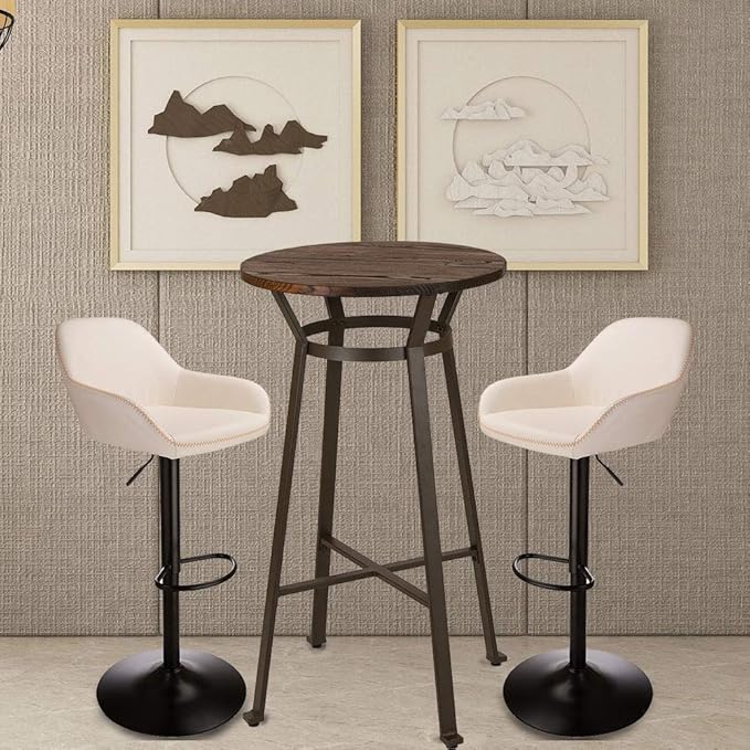 Glitzhome 3-Piece Pub Table and Chairs, Round Bar Height Adjustable Swivel PU Leather Bar Stools Set of 2, Rustic Dining Room Tables for Kitchen Island Bistro Office Living Room Small Space Restaurant