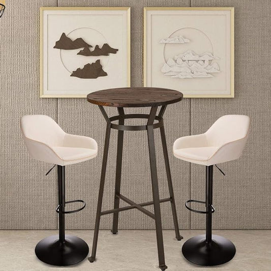 Glitzhome 3-Piece Pub Table and Chairs, Round Bar Height Adjustable Swivel PU Leather Bar Stools Set of 2, Rustic Dining Room Tables for Kitchen Island Bistro Office Living Room Small Space Restaurant