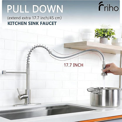 Friho Brushed Nickel Kitchen Faucets with Pull Down Sprayer, Stainless Steel Single Handle Kitchen Faucet, 1 Hole Or 3 Hole Dual Function Spring Pull Out Sink Faucets for Farmhouse RV Camper Laundry