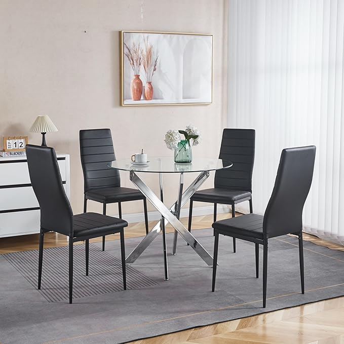 36'' Round Dining Table for 2-4, Round Dining Room Table for Small Space, Silver Glass Kitchen Table for 4, X-Shape Metal Legs