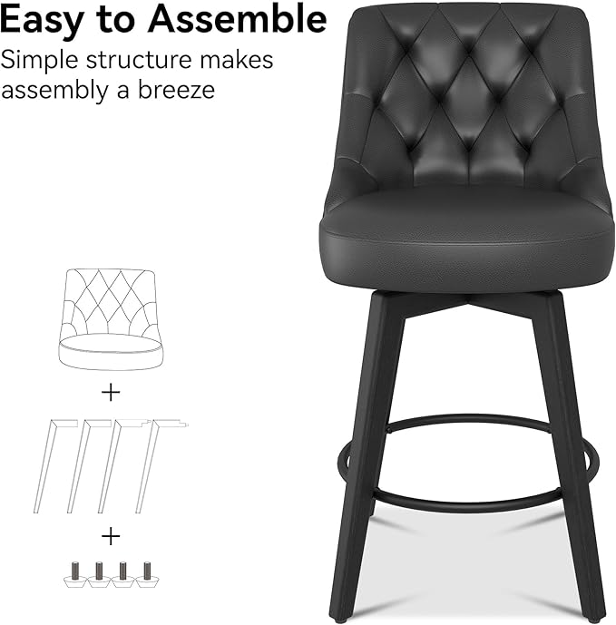 Vipbear Swivel Bar Stools Set of 2, Updated Thickened Faux Leather Counter Height Barstools with Backs, Solid Wood Legs, 26" Modern Bar Height Stools for Kitchen Island, Dining Room, Black Seat