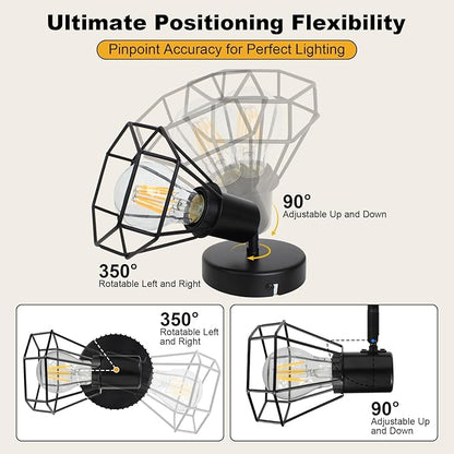 HiBay LED Track Lighting Fixture, 1-Light Adjustable Spot Light Ceiling Wall Mount, Black Geometric Metal Cage Industrial Spotlight Indoor for Kitchen, Dining, Bedroom, E26 Base (Bulb Not Included)
