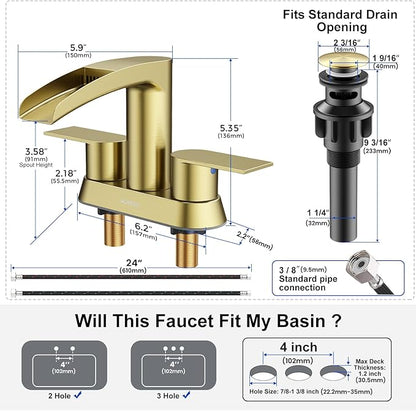 Bathroom Sink Faucet for 3 Hole, Hurran 4 Inch Faucets with Pop-up Drain, Stainless Steel 2-Handle Waterfall Faucet for Bathroom Sink, Brushed Gold