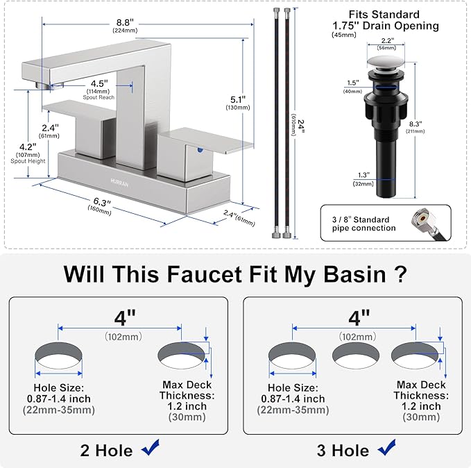 Bathroom Sink Faucet, Hurran 4 inch Brushed Nickel Bathroom Faucets for Sink 3 Hole with Pop-up Drain and Supply Lines, Stainless Steel 2-Handle Faucet for Vanity RV Restroom, 2 Pack