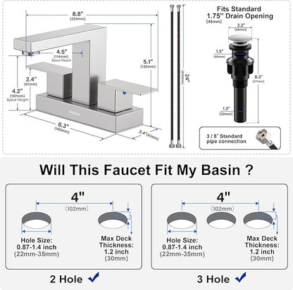 Bathroom Sink Faucet, Hurran 4 inch Brushed Nickel Bathroom Faucets for Sink 3 Hole with Pop-up Drain and Supply Lines, Stainless Steel 2-Handle Faucet for Vanity RV Restroom, 2 Pack