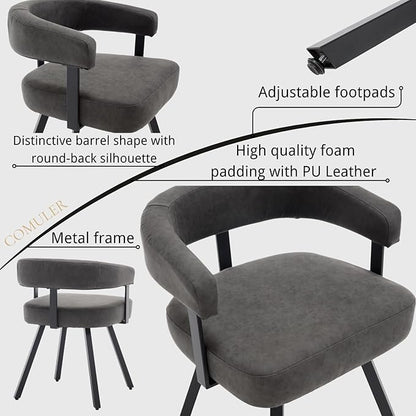 Modern Barrel Dining Chairs Set of 4, Grey PU Leather Upholstered Dining Room Chairs with Arms, Comfy Kitchen Chairs with Black Metal Legs for Dinner Living Room