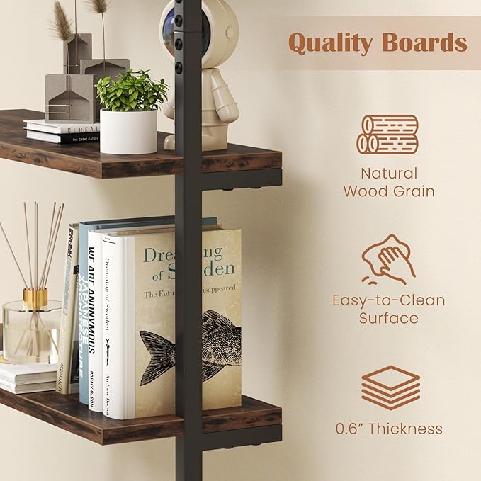 Giantex 6-Tier Ladder Shelf, 72" Wall Mounted Bookshelf with Metal Frame, Industrial Open Storage Shelves, Wooden Bookcase Display Rack for Living Room, Home Office, Bedroom,Rustic Brown