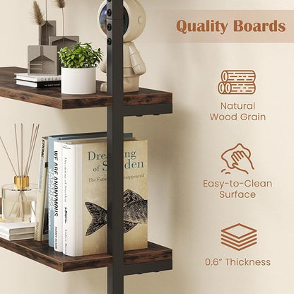 Giantex 6-Tier Ladder Shelf, 72" Wall Mounted Bookshelf with Metal Frame, Industrial Open Storage Shelves, Wooden Bookcase Display Rack for Living Room, Home Office, Bedroom,Rustic Brown