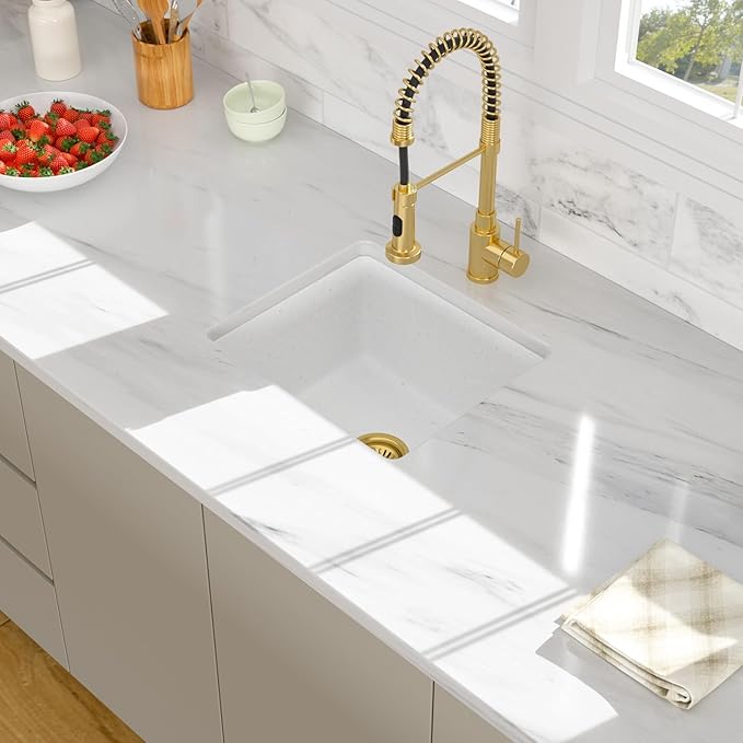 18 White Granite Composite Bar Sink - 18x16 Undermount Granite Quartz Kitchen Sink Pure White 9 Inch Depth Small Signle Bowl RV Sinks Under Counter
