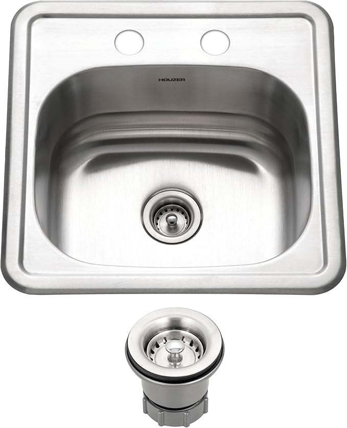 Houzer Hospitality Stainless Steel Bar & Prep Sink: 15 Inch Drop-In Topmount 2-Hole Sink for Bar & Kitchen, Durable & Versatile, Essential for Home & Apartment: 1515-6BS-C