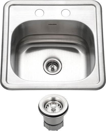 Houzer Hospitality Stainless Steel Bar & Prep Sink: 15 Inch Drop-In Topmount 2-Hole Sink for Bar & Kitchen, Durable & Versatile, Essential for Home & Apartment: 1515-6BS-C