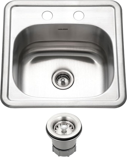 Houzer Hospitality Stainless Steel Bar & Prep Sink: 15 Inch Drop-In Topmount 2-Hole Sink for Bar & Kitchen, Durable & Versatile, Essential for Home & Apartment: 1515-6BS-C