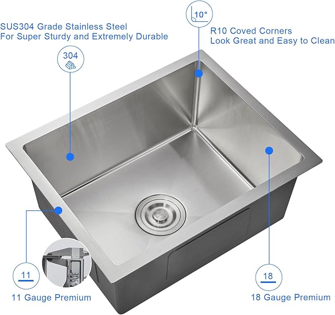 MENATT 22 inch Undermount Kitchen Sink, 22" x 18" Single Bowl Kitchen Sink Undermount Stainless Steel Handmade Bar Sink with Basket Strainer(Brushed)