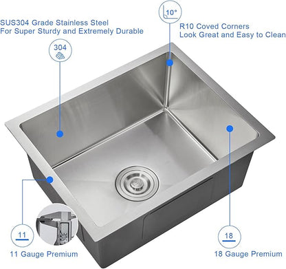 MENATT 24-inch Undermount Kitchen Sink, SUS304 Stainless Steel Handmade Single Bowl Kitchen Sink with Sink Strainer, 24"x18"x9" (Brushed)