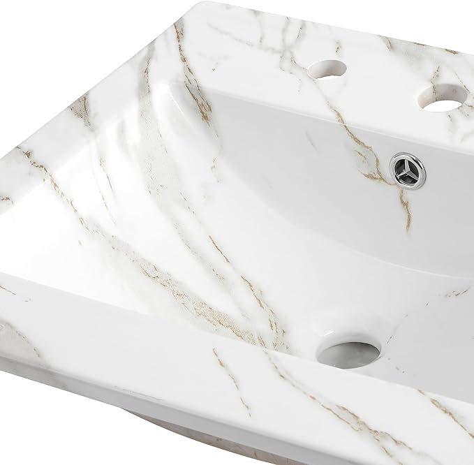 JONATHAN Y SNK1000C Ancillary 3-Hole 20 in. W x 18.25 in. D Classic Contemporary Rectangular Ceramic Single Sink Basin Vanity Top, White Marble Effect