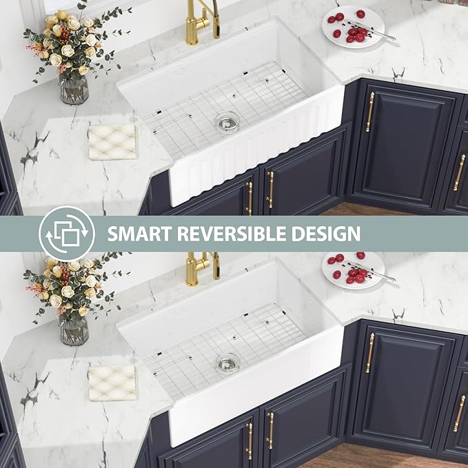 White Farmhouse Sink Fireclay Workstation Apron Front Farmer Kitchen Sink Reversible 30"x20" Undermount Single Bowl Kitchen Sink with Accessories