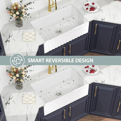 White Farmhouse Sink Fireclay Workstation Apron Front Farmer Kitchen Sink Reversible 30"x20" Undermount Single Bowl Kitchen Sink with Accessories