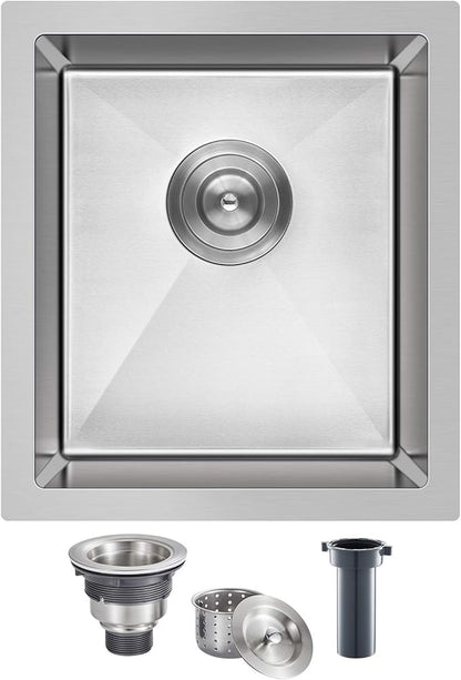 15 inch Bar Sink, KINKIB 15 x 17 inch Undermount Bar Prep Kitchen Sink, Handmade Single Bowl T-304 Stainless Steel Sink with Strainer