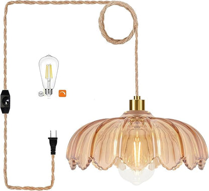 QIYIZM Plug in Pendant Light Hanging Lights with in Cord Mid Century Modern Gold Hanging Lamp Flower Glass Amber Vintage Dimmable Chandelier Ceiling Fixture for Living Room,Kitchen,Boho