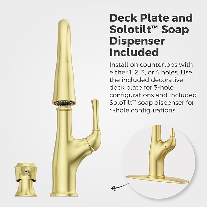 Pfister Alderwood Kitchen Faucet with Pull Down Sprayer and Soap Dispenser Single Handle High Arc Spout Brushed Gold Finish NSF Certified 1 or 3 Hole Installation F5297AWBG