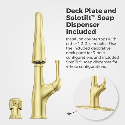 Pfister Alderwood Kitchen Faucet with Pull Down Sprayer and Soap Dispenser Single Handle High Arc Spout Brushed Gold Finish NSF Certified 1 or 3 Hole Installation F5297AWBG