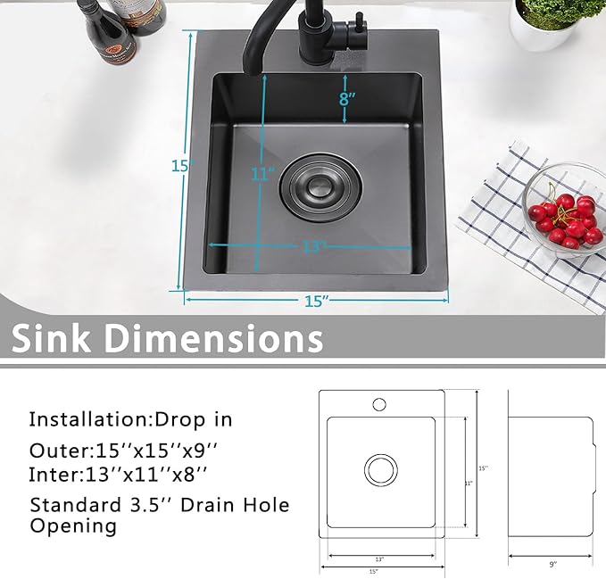 Friho 15x15 Inch Drop In Black Bar Sink, 16 Guage Stainless Steel Topmount Outdoor RV Small Kitchen Sink, 15 Inch Wet Prep Single Bowl Utility Bar Sink With Dish Grid & Drain