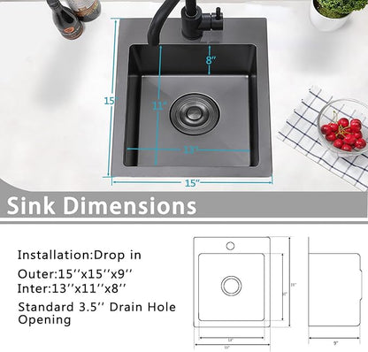 Friho 15x15 Inch Drop In Black Bar Sink, 16 Guage Stainless Steel Topmount Outdoor RV Small Kitchen Sink, 15 Inch Wet Prep Single Bowl Utility Bar Sink With Dish Grid & Drain