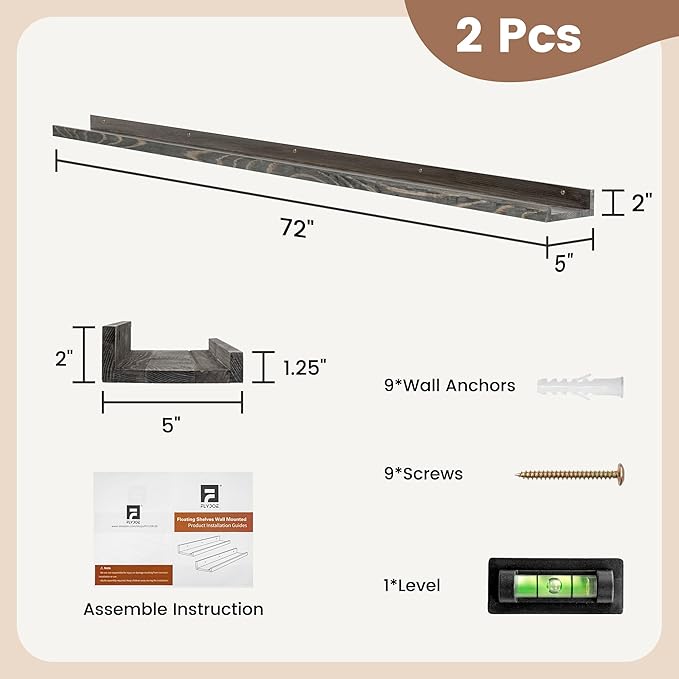 FLYJOE Picture Ledge Shelf, Floating Shelves Set of 2, Solid Pine Wood 72'' Long Large Nursery Book Shelves for Toys Storage, Kids Bookshelf for Living Room Bedroom Decor Books Photo Frames, Grey