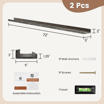 FLYJOE Picture Ledge Shelf, Floating Shelves Set of 2, Solid Pine Wood 72'' Long Large Nursery Book Shelves for Toys Storage, Kids Bookshelf for Living Room Bedroom Decor Books Photo Frames, Grey
