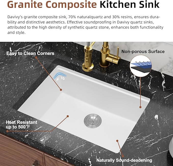 Davivy 27 Inch White Undermount Kitchen Sink Workstation, Dual Mount Granite Quartz Composite Kitchen Sink, Single Bowl with Accessories
