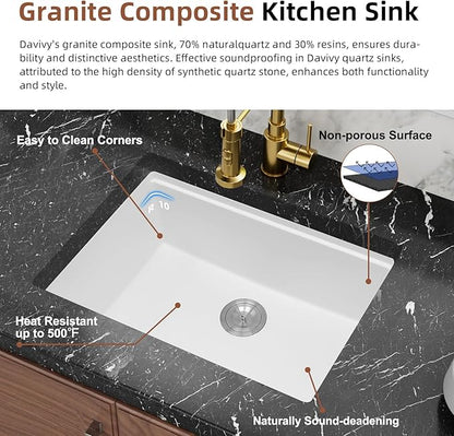 Davivy 27 Inch White Undermount Kitchen Sink Workstation, Dual Mount Granite Quartz Composite Kitchen Sink, Single Bowl with Accessories