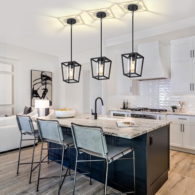 Pendant Lights Kitchen Island,Farmhouse Black Pendant Light Fixture, Lantern Hanging Light Fixture Kitchen Chandelier for Dining Room Foyer Hallway Light