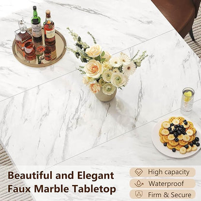 HSH White Faux Marble Dining Table, 63 inch Modern Dinner Table for 6 people, Farmhouse Rectangle Kitchen Table for Living Room, Large Wood Dining Room Tables with strong Pedestal, White Marble, 63 In
