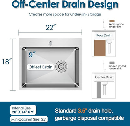 ROVOGO 22x18x9 in. Drop-in Kitchen Sink Single Bowl with 1 Faucet Hole, 304 Stainless Steel Handmade Modern Sink Top Mount with Bottom Grid and Offset Drain, Brushed