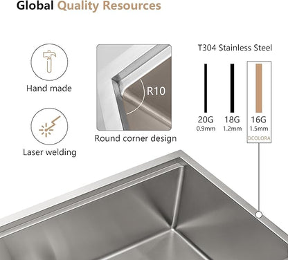Dcolora 21 Inch Drop-In Kitchen Sink Workstation, 16 Gauge Stainless Steel Topmount Single Bowl Sink with Full-Cover Cutting Board, Grid & Drying Rack, Deep Bar/Utility Sink, 21"x20"x10", #DC-T7756