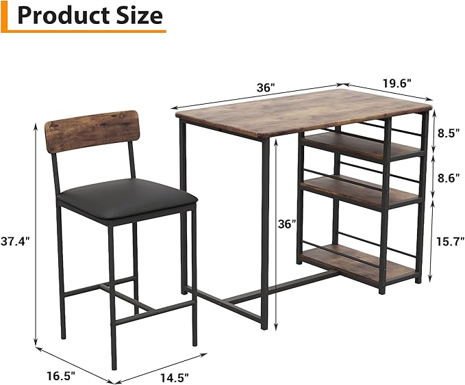 Takywep Dining Table Set for 2 with 3 Large Storage Shelves, Kitchen Table and Chairs for 2 with Pu Cushion Chairs & Thick Wood Top, 3 Piece Dining Table Set for Small Space, Apartment, Brown