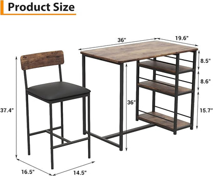 Takywep Dining Table Set for 2 with 3 Large Storage Shelves, Kitchen Table and Chairs for 2 with Pu Cushion Chairs & Thick Wood Top, 3 Piece Dining Table Set for Small Space, Apartment, Brown