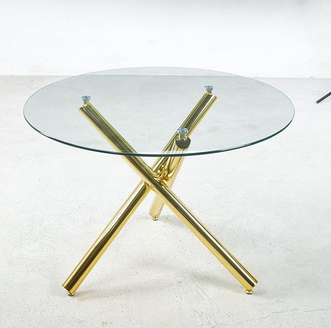 Round Glass Dining Table,Glass Dining Room Table with Metal Legs, Modern Style Glass Kitchen Table for Home, Kitchen, Dining Room