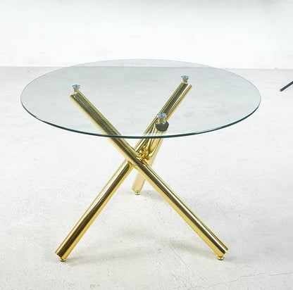 Round Glass Dining Table,Glass Dining Room Table with Metal Legs, Modern Style Glass Kitchen Table for Home, Kitchen, Dining Room