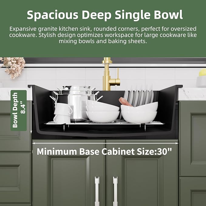 Davivy 27 inch Black Granite Composite Kitchen Sink, 27 x19 Black Quartz Topmount/Drop In Kitchen Sink, Single Bowl Design