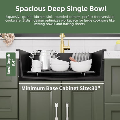 Davivy 27 inch Black Granite Composite Kitchen Sink, 27 x19 Black Quartz Topmount/Drop In Kitchen Sink, Single Bowl Design